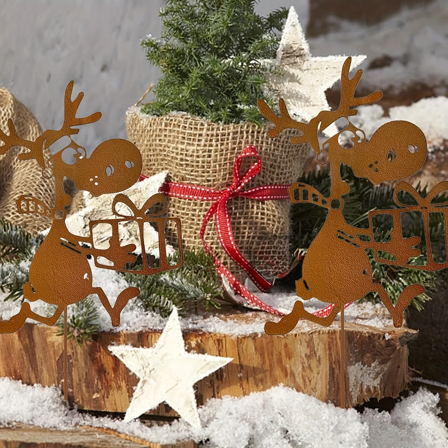 2pcs Metal Christmas Reindeer Garden Stakes - Durable Weatherproof Iron Outdoor Decor with Rustic Design, Best for Christmas