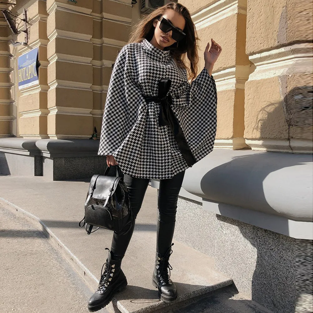 Office Lady Commuter Coat Fashion Houndstooth Print Half-high Collar Lace Up Bat Cape Autumn Winter Elegant Women's Clothing - Image 3