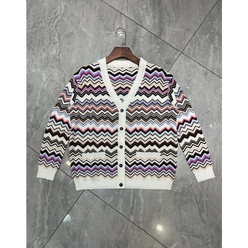Bohemian Striped Print Jacket Women 2026 Autumn New Fashion Classic Coat Slim Fit Versatile Deep V-Neck Jacket Women Clothing