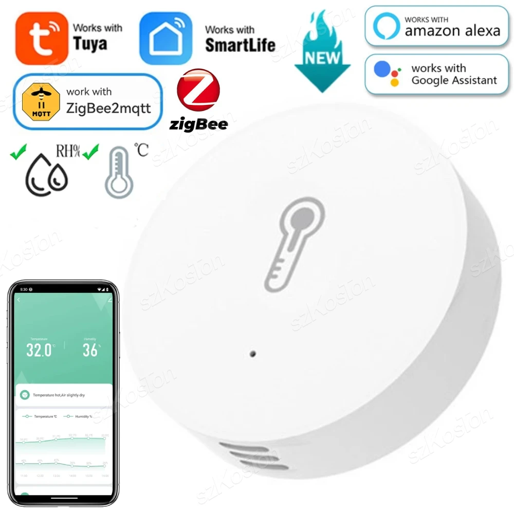 Tuya ZigBee Sensor de Temperatura e Umidade, Smart Life App, Controle do Monitor, Funciona com Alexa, Google Home, Zigbee2mqtt