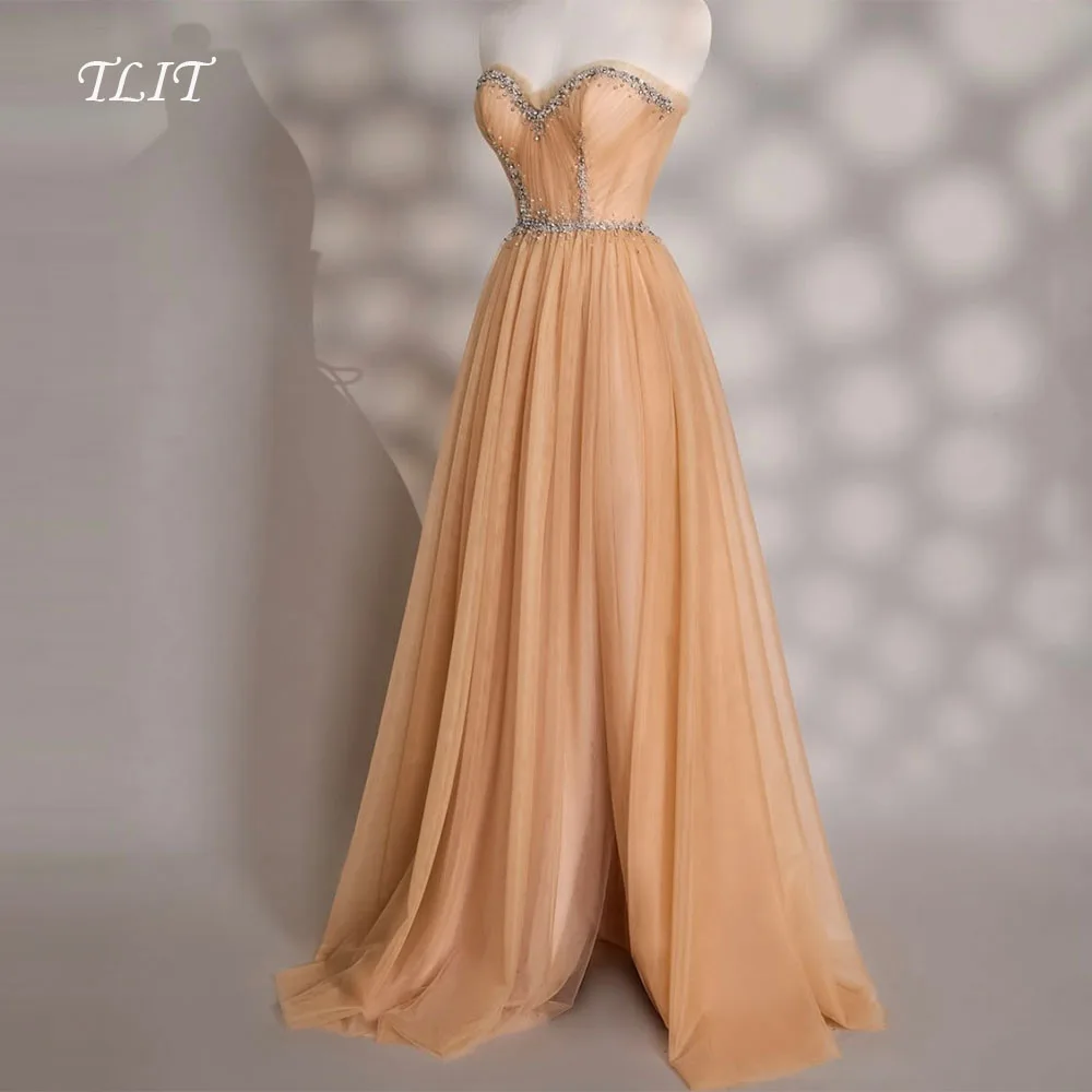 فساتين سهرة أنيقة من TLIT من التول الشامبانيا على شكل قلب فساتين حفلات كريستالية بفتحة جانبية عالية مخصصة فيستدوس دي فييستا