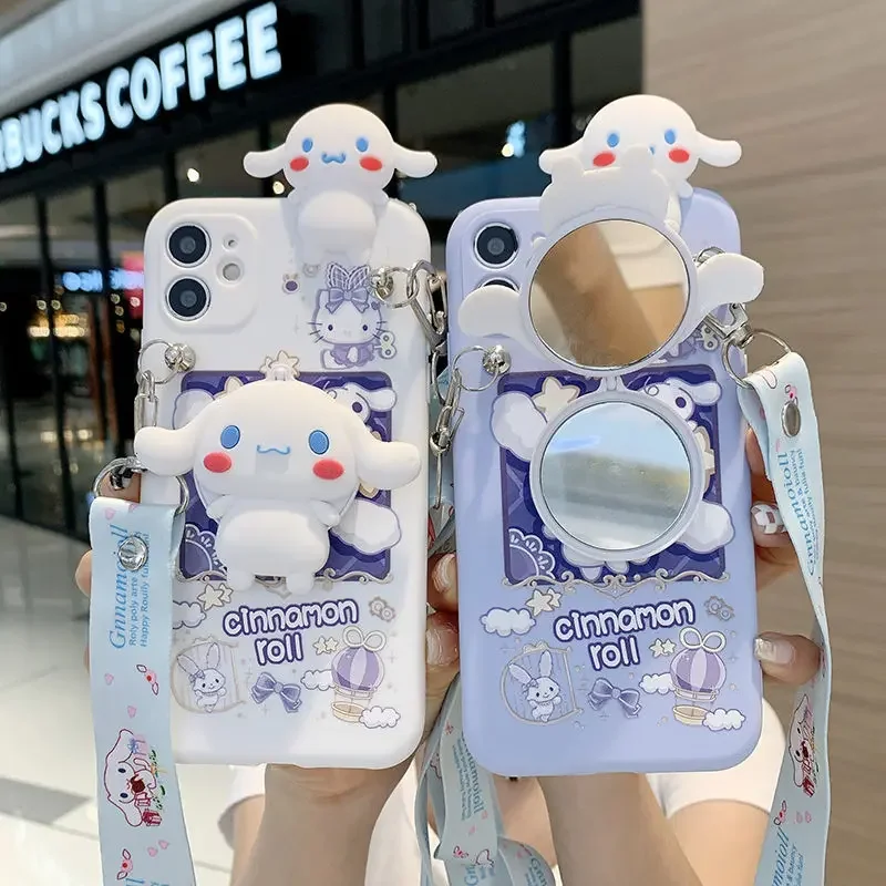 Sanrio cinnamoroll makeup mirror holder Lanyard Phone Case For Iphone 11 12 13 14 15 Pro Max Mini X Xs Xr 6 7 8 Plus SE Cover