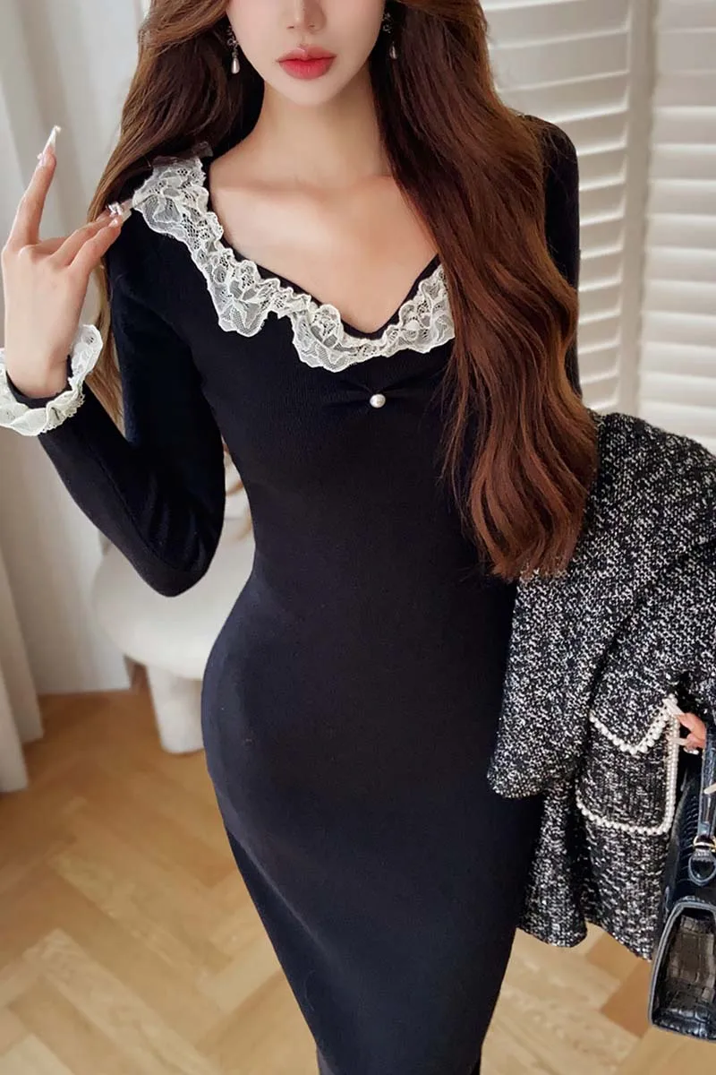 DABUWAWA Tienda Vestidos Elegantes Para Mujeres Knitted Dress For Women Lace Princess Sleeves Empire Skirt Y2K Clothes DA1CDR024