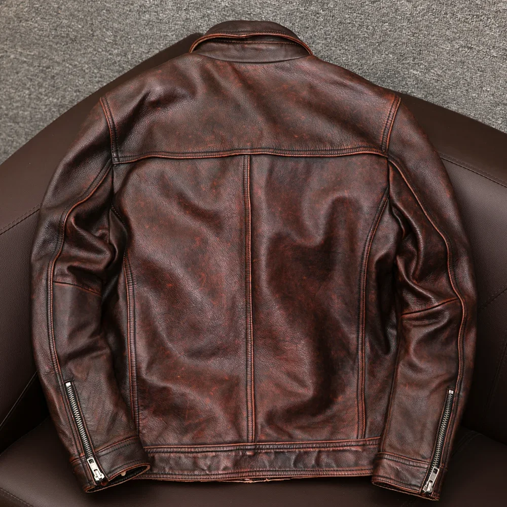 Red Brown Vintage Leather Jacket Men's Top Leather Oversized Motorcycle Slim Coat