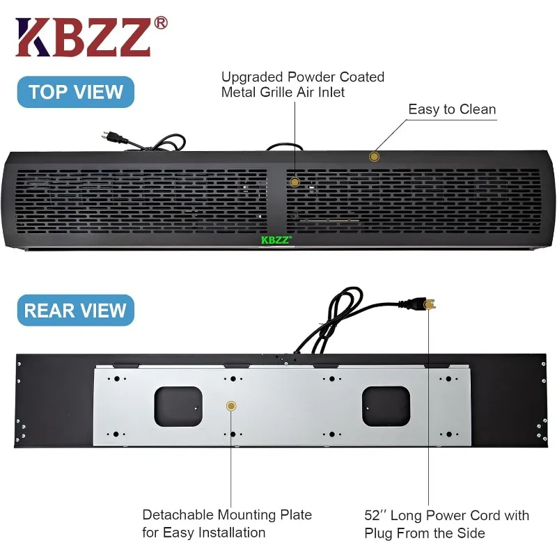 KBZZ 60 นิ้วผ้าม่านสําหรับประตู Super Power พร้อมรีโมทคอนโทรล 3 ความเร็ว High Air Velocity เสียงต่ําและ Low Power สีดํา