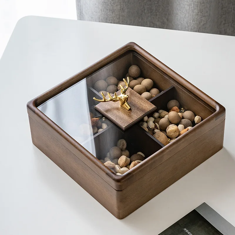 

Creative Wooden Square Snack Platter Deer Head Transparent Glass Cover Separated Dried Fruit Candy Storage Box Home Accessories