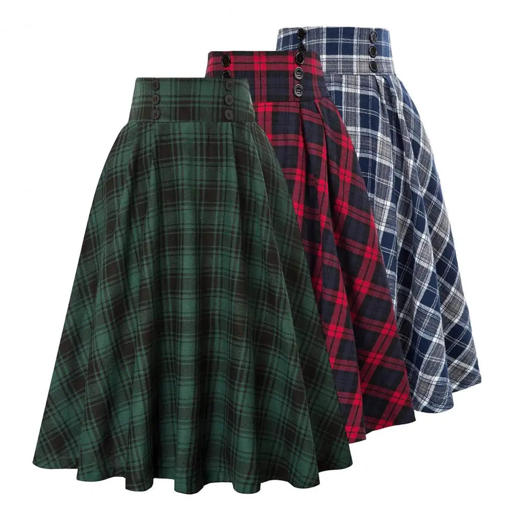 Women Skirt High Elastic Waist Big Hem A-line Colorblock Plaid Print Loose Ankle Length Soft Pockets Retro Ruffle Elegant Maxi S