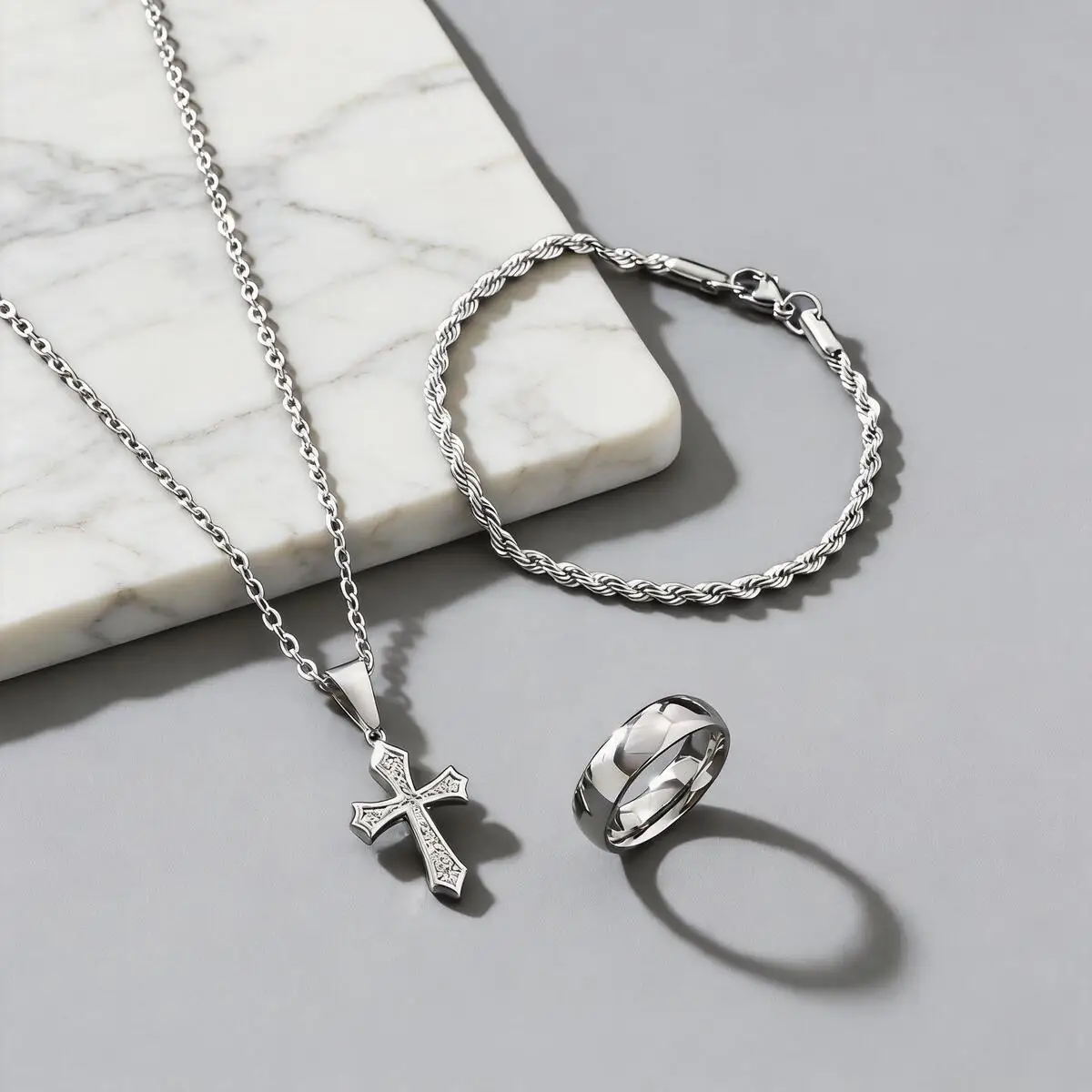 3pcs Stainless Steel Jewelry Set For Women Men, Trendy Cross Necklace Twist Chain Bracelet Smooth Rings, Punk Jewelry Gifts