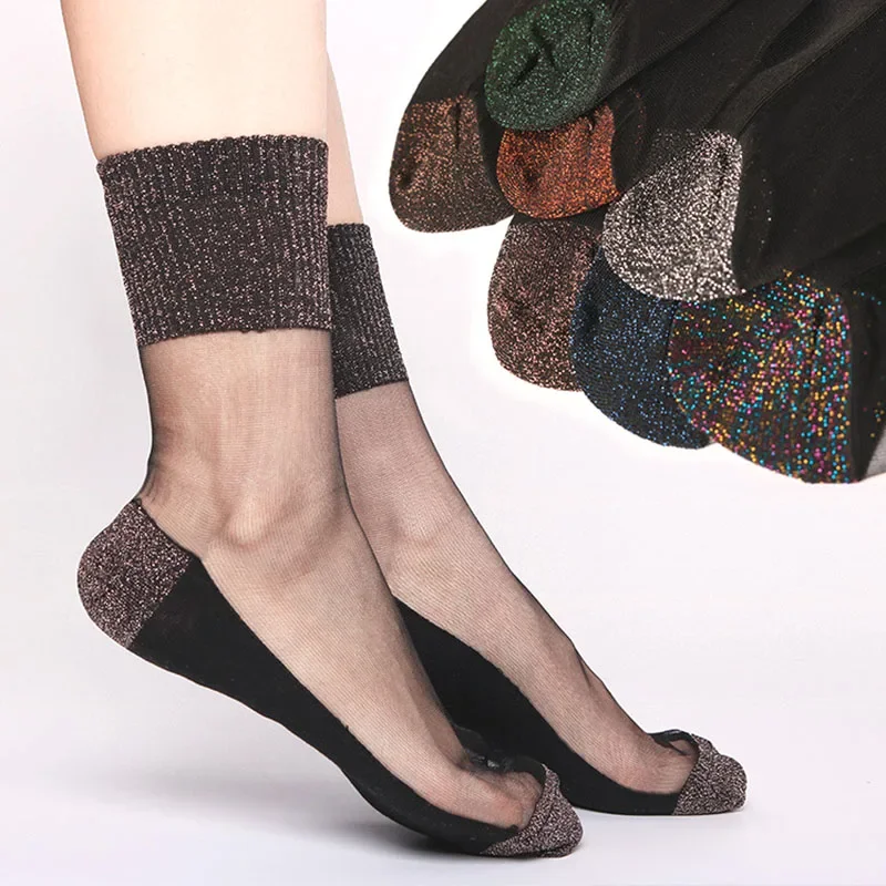 Women Summer Ultra-thin Transparent Socks Gradient Color Glitter Crystal Glass Silk Socks Lace Shiny Elastic Short Socks