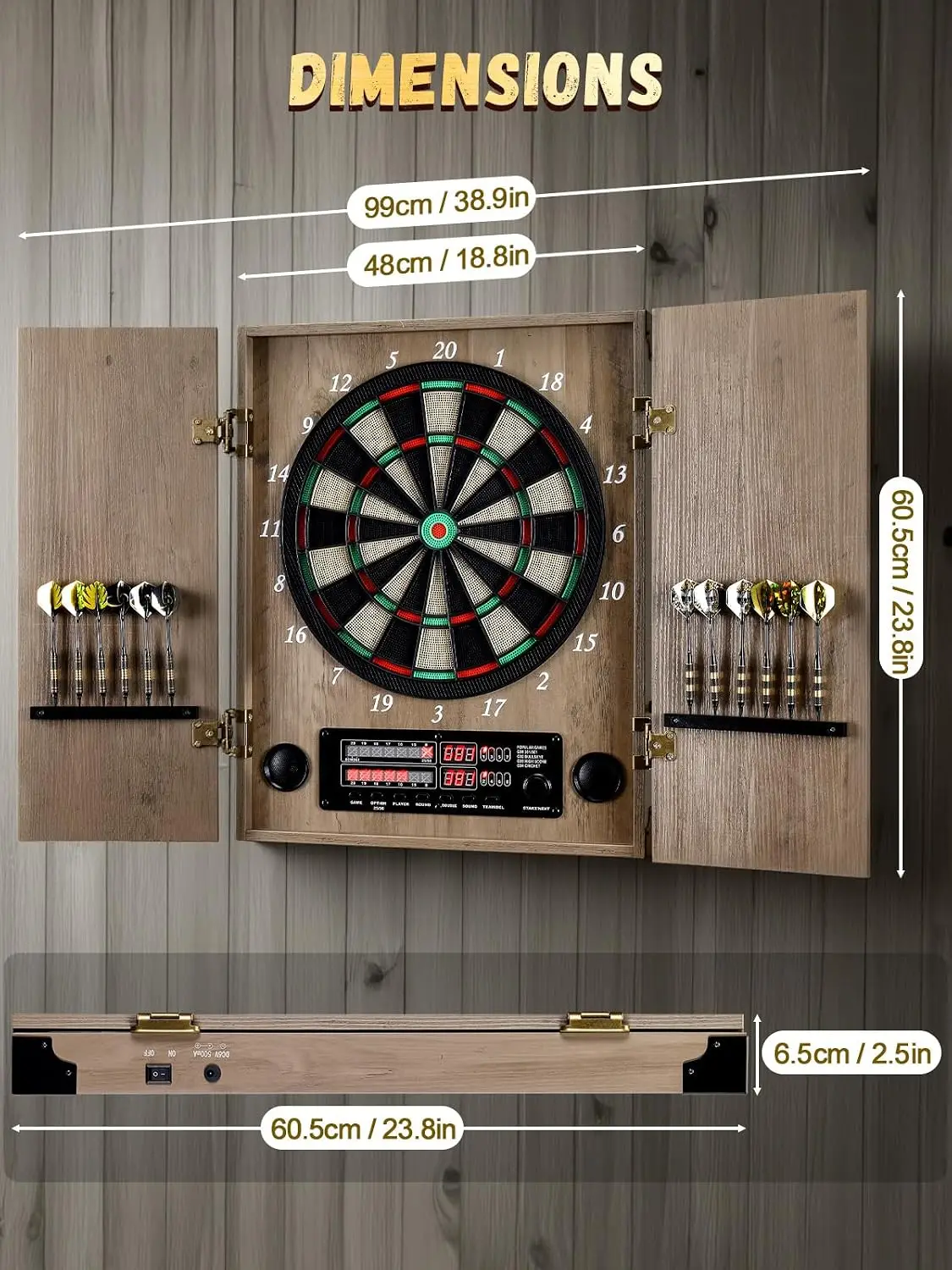 ^Electronic Dart Board, Decorative Dart Board Cabinet for Adults | [12*Bronze Soft Tip Darts] [Cricket Game Mode]- Wooden