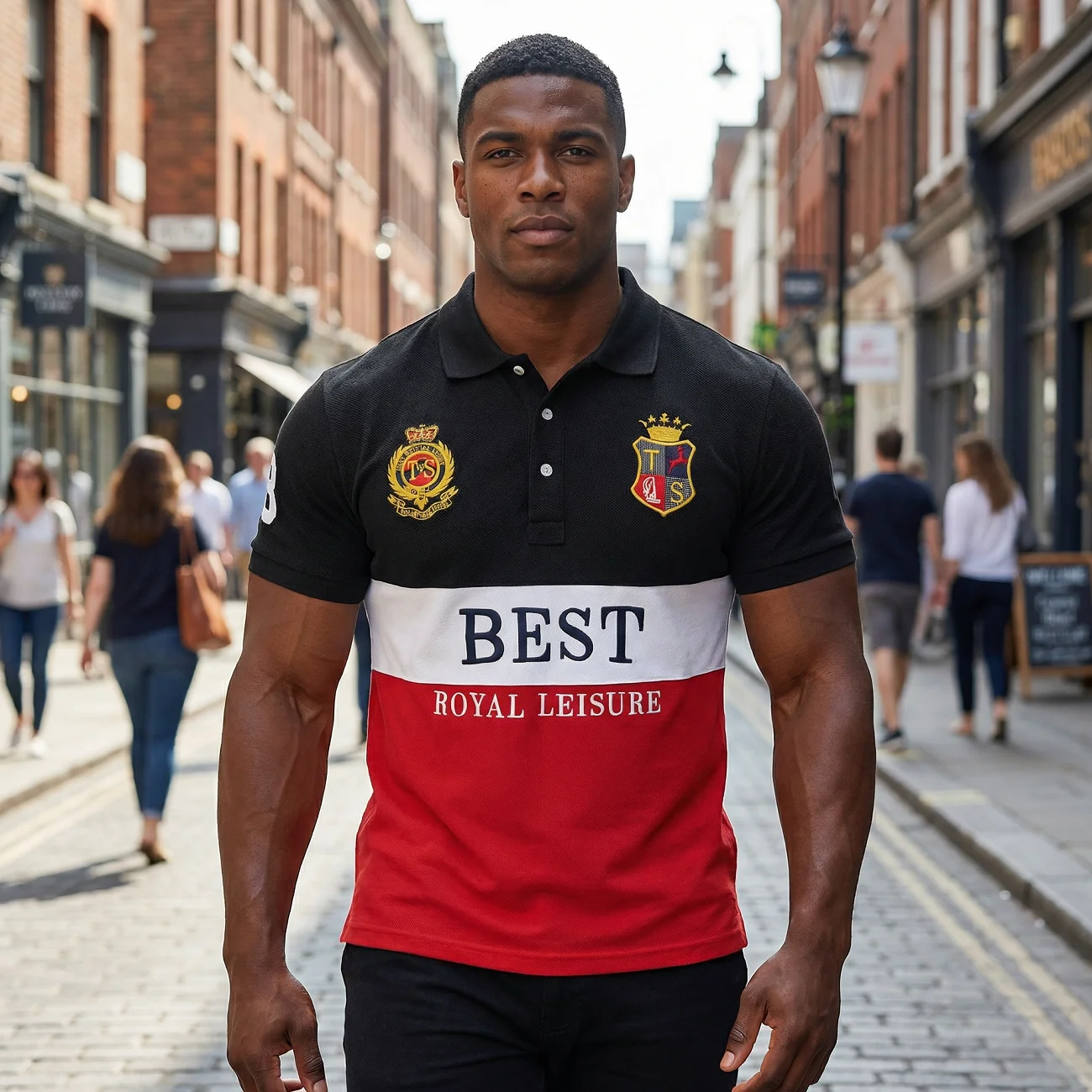 Neues Poloshirt für Herren, Stickerei, Patchwork, Farbkontrast, schlank, klassisch, modisch, originelles Design, Polokragen, reine Baumwolle, atmungsaktiv