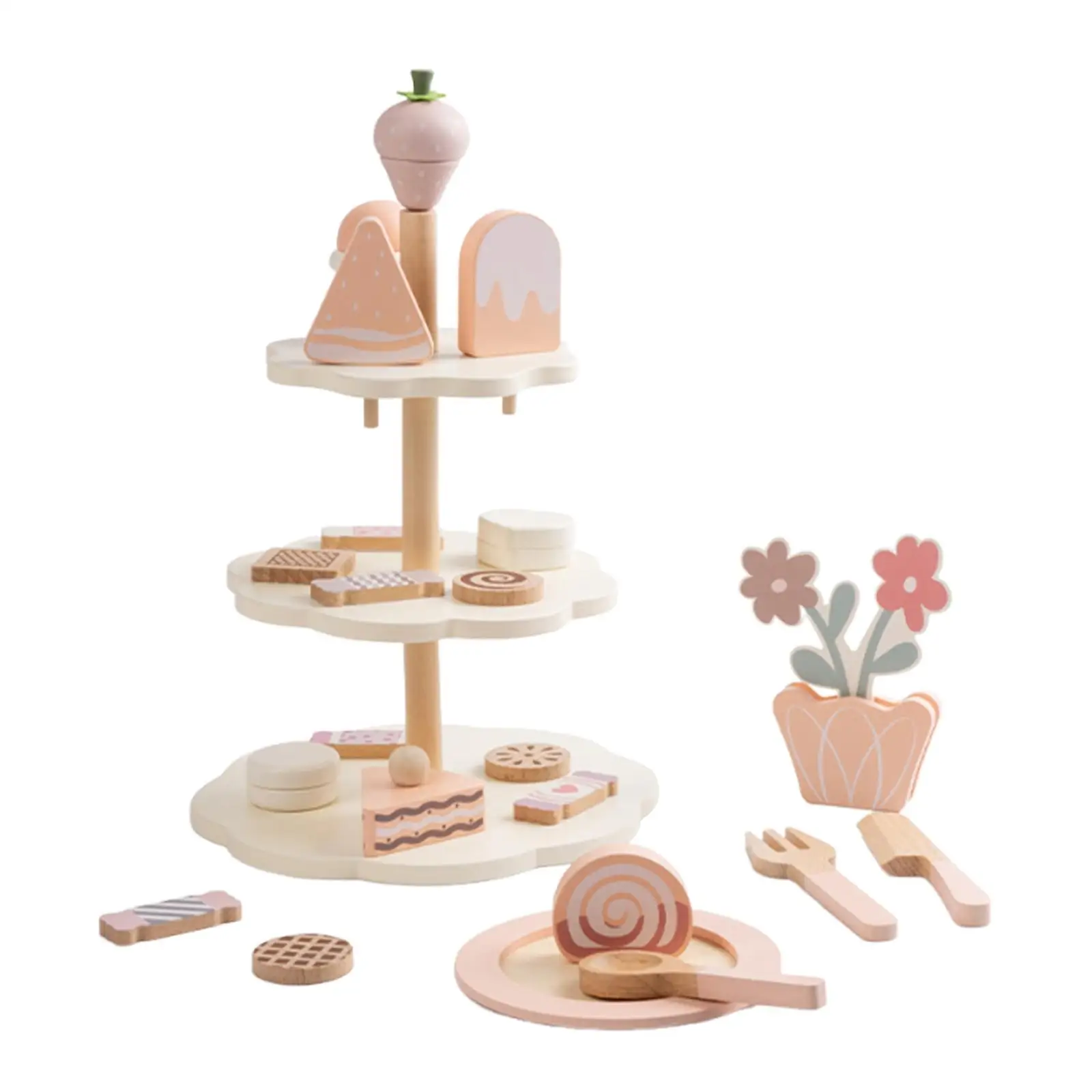 Ensemble de fête à thé en bois, jeu interactif avec support à cupcakes et desserts alimentaires, accessoires de cuisine pour petites filles et enfants