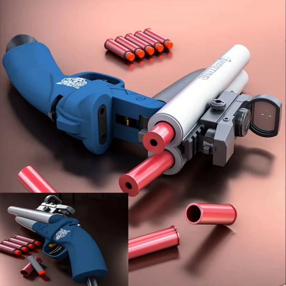 ปืนของเล่นแบบสองลำกล้อง ยิงโฟม ปืนไรเฟิลของเล่นสำหรับเด็ก เล่นเกมยิงปืนกลางแจ้ง พร้อมศูนย์เล็ง ลูกดอกนิ่ม 20 ชิ้น