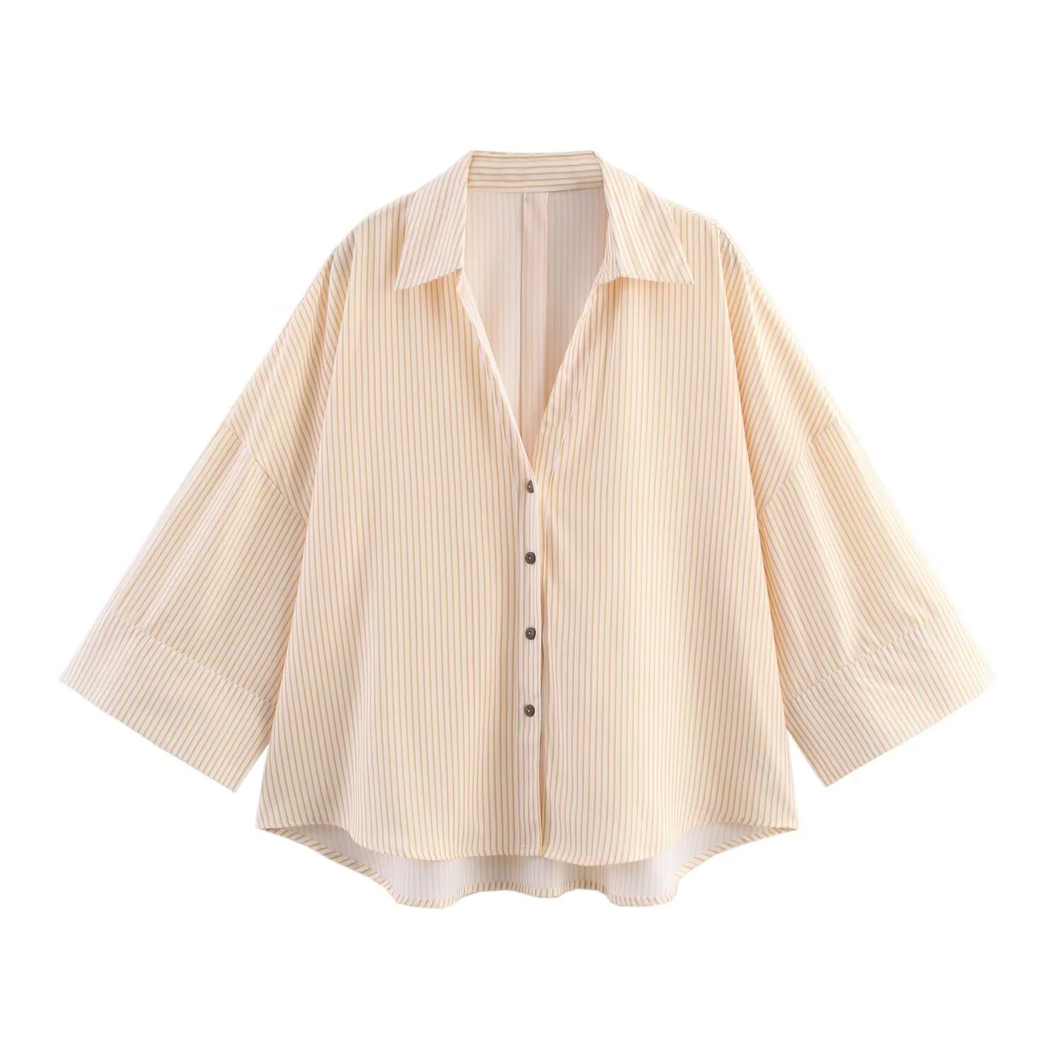 

BSK&TRAF2025 summer new women's casual fashion temperament striped loose single-breasted lapel wide-sleeved shirt top