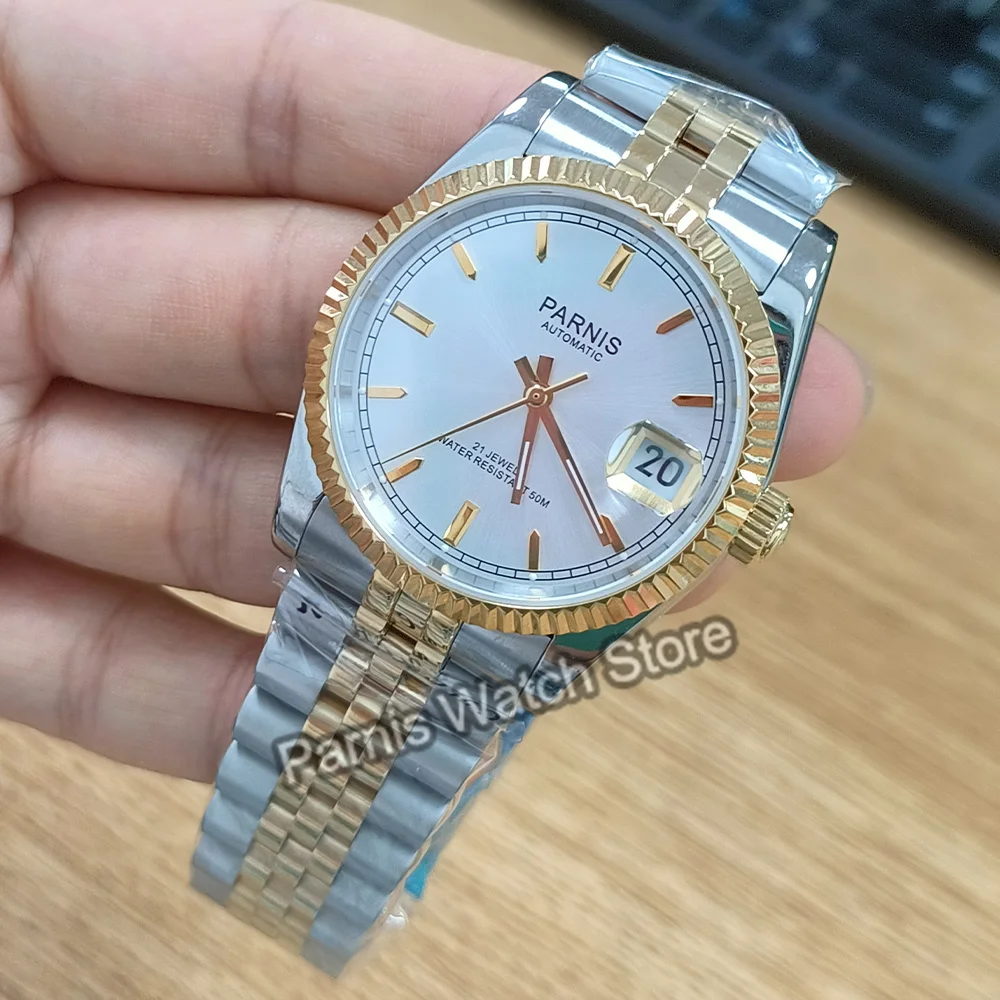 Parnis 36mm Gold Silver Color White Dial Men Watch Automatic Movement Men Stainless Steel Bracelet Mechanical Watches