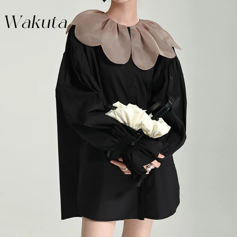 WAKUTA Japanese Doll Petal Collar Long-sleeved Medium-length Shirts Casual Loose Niche Design Sense of Blouses Camisas De Mujer