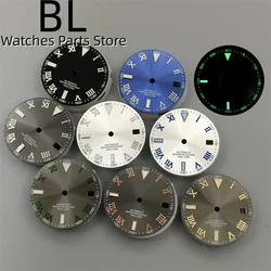 BLIGER 29mm Sterile Sunburst Black White Gray Blue Roman Numeral Watch Dial Green Glow Fit NH35 Movement 3 .0/3.8 O'clock Crown