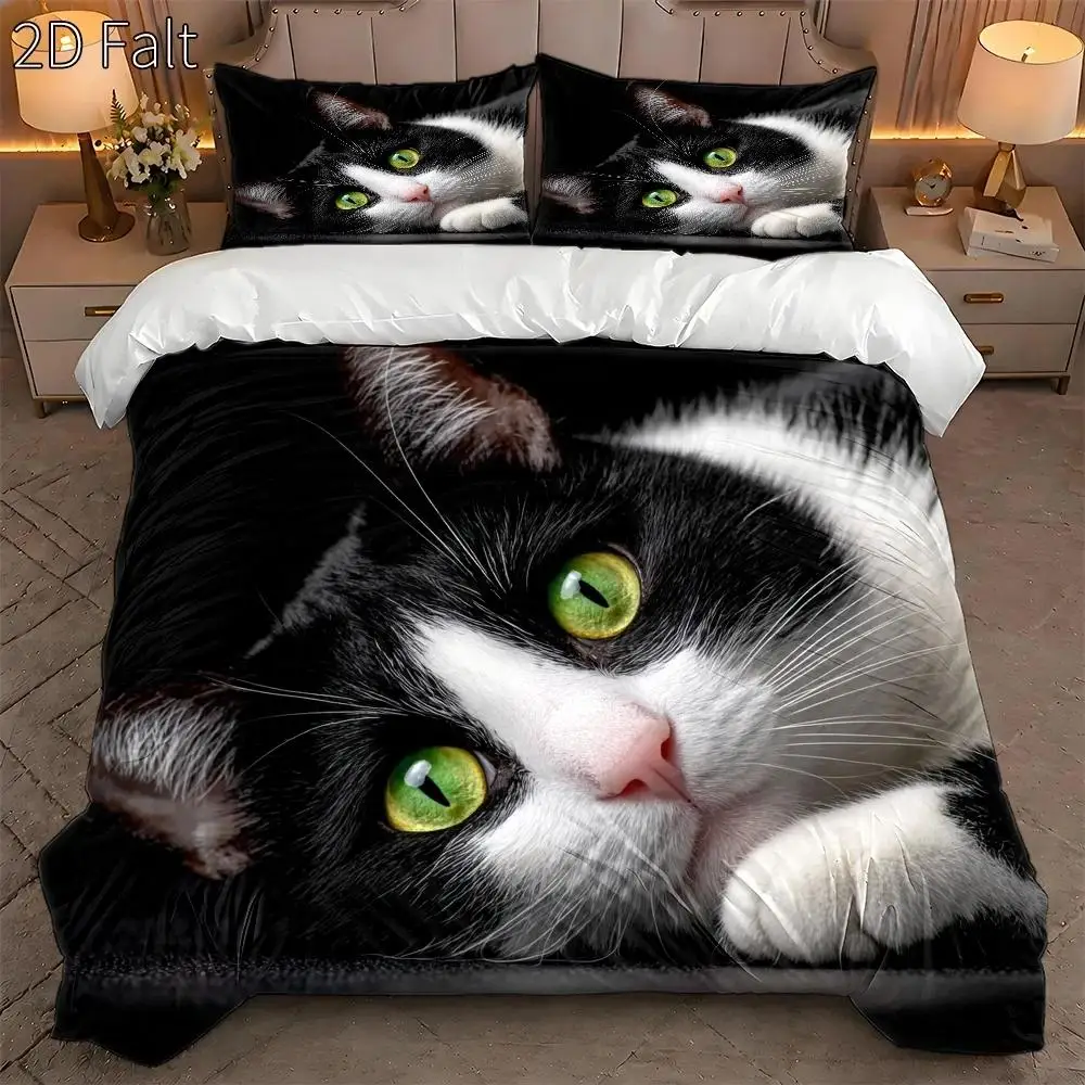3-Piece Duvet Cover Set, 1 Duvet Cover + 2 Pillowcases (Without Filling), Black Cat and Floral Theme, Modern Art Style, International Cat Day, Suitable for All Seasons, Machine Washable, Invisible Zipper, Suitable for Home, Dormitory, Master Bedroom, Guest Room