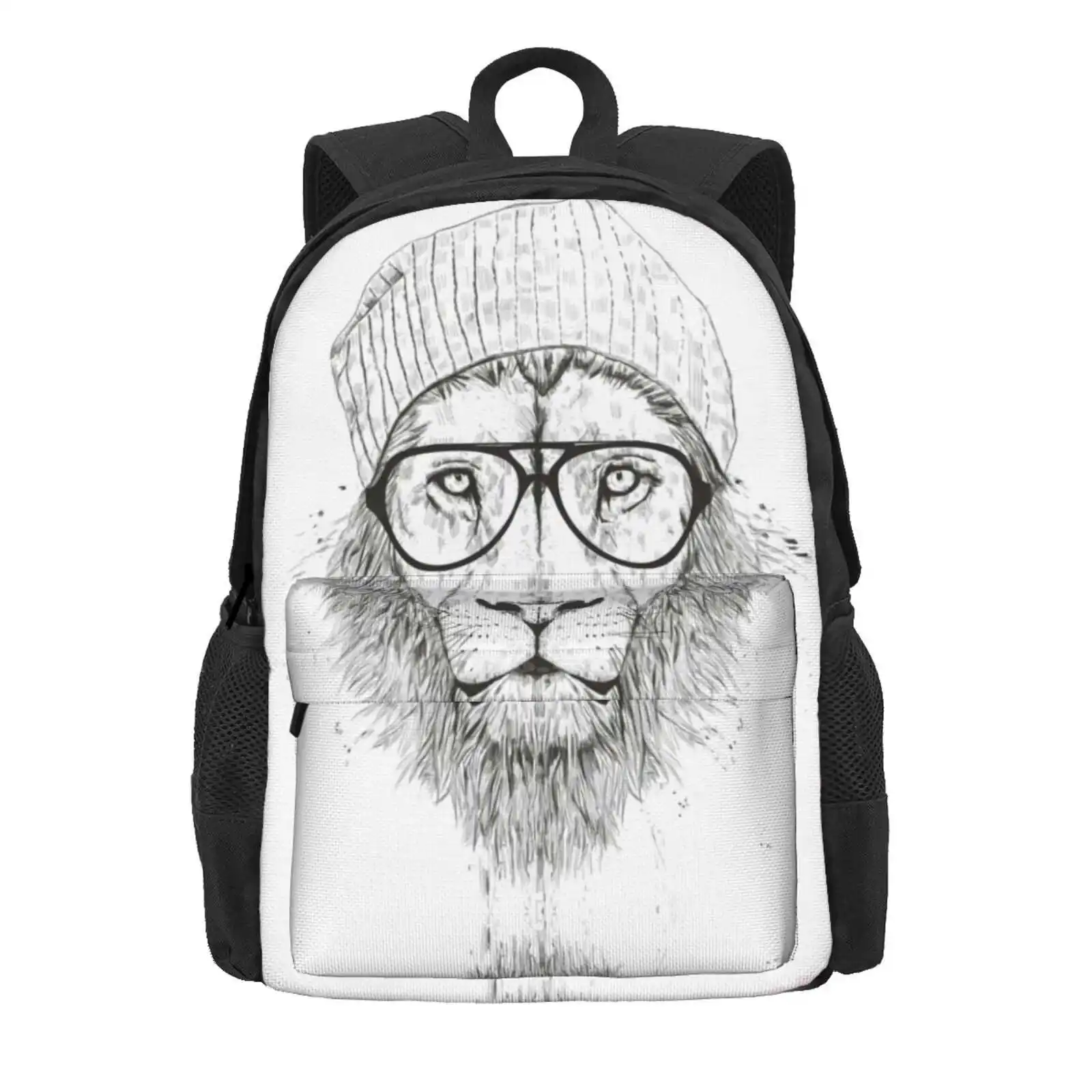 Cool Lion (Bw) Hot Sale Schoolbag Backpack Fashion Bags Animal Cat Hipster Beanie Humor Funny Glasses Black And White Balazs