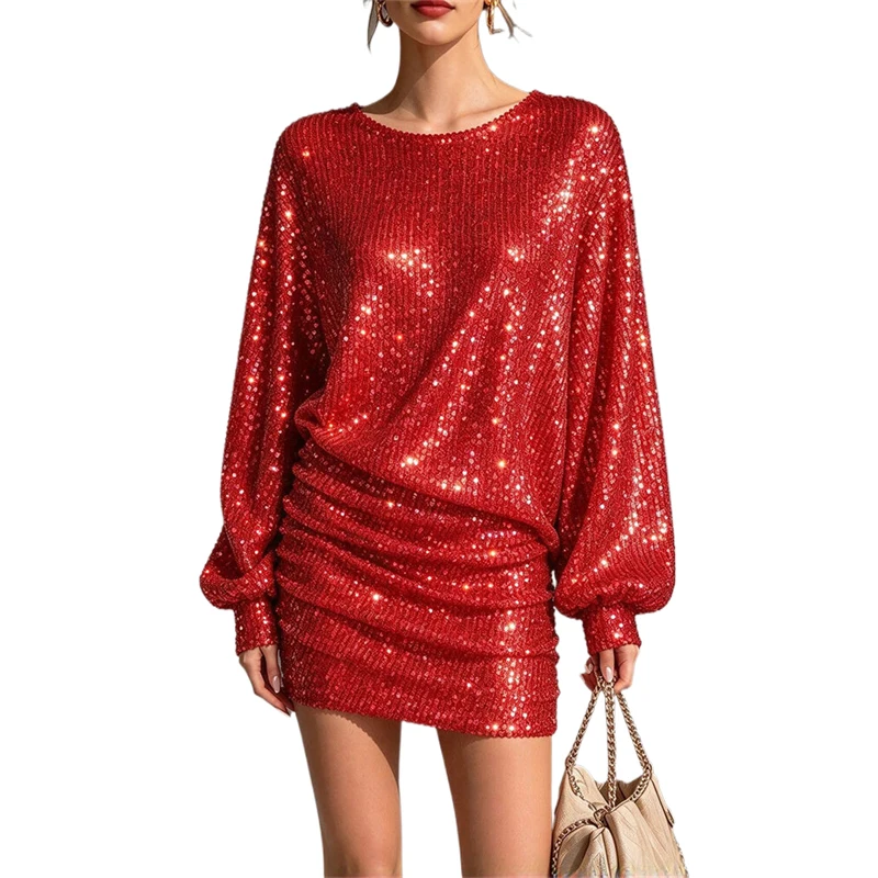 Damen Pailletten-Minikleid mit langen Ärmeln, glitzerndes Diamant-Bodycon-Kurzkleid für Partys, sexy, süß, für Nacht, Festival, Clubwear, glänzendes Kleid – Detail 4