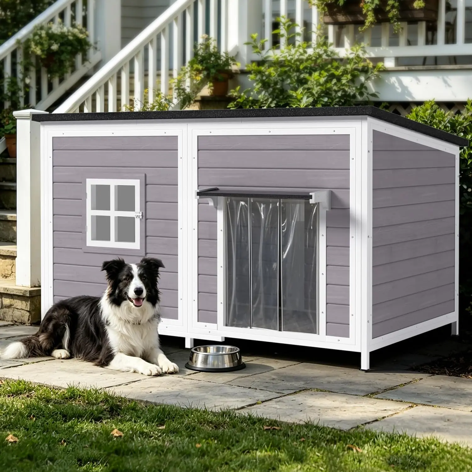 Weatherproof Wooden Dog Kennel with Anti-Chewing Metal Frame, Openable Asphalt Roof & Elevated Floor for Extra Large Dogs
