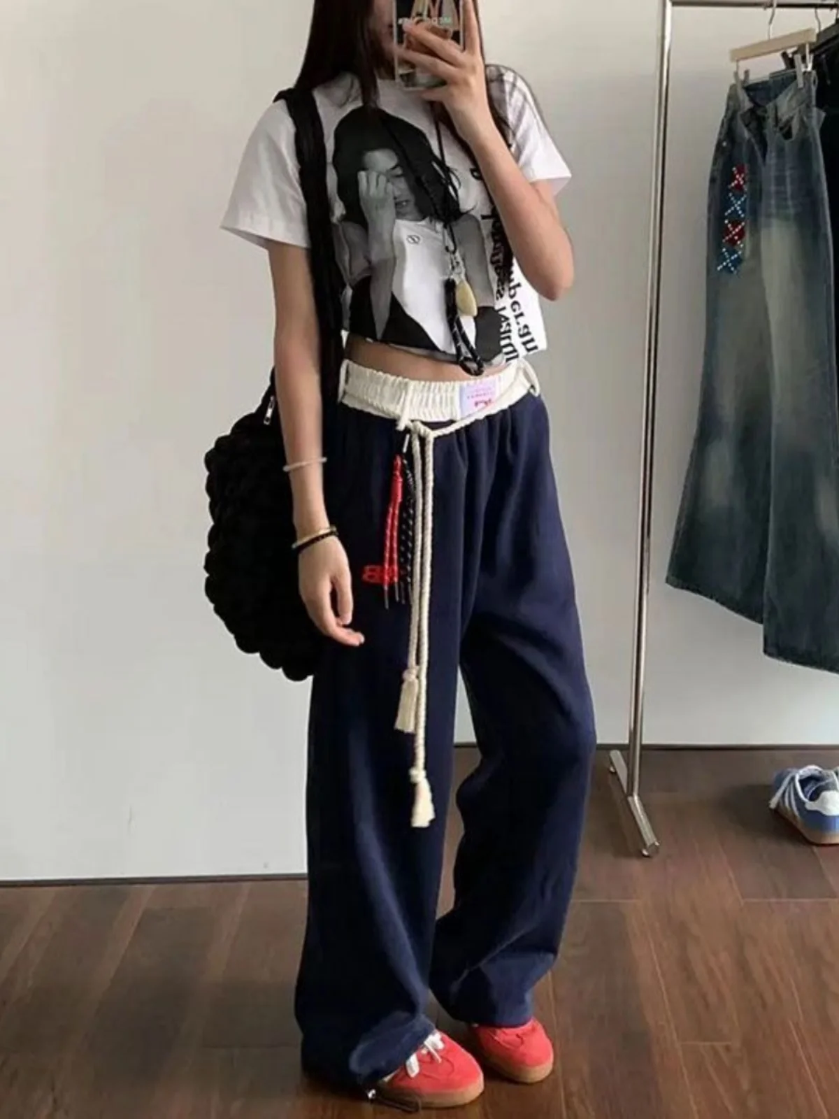 Casual Straight Leg Wide Leg Sport Pants Women's Drawstring Color Block American Style Loose Floor-Length Trousers