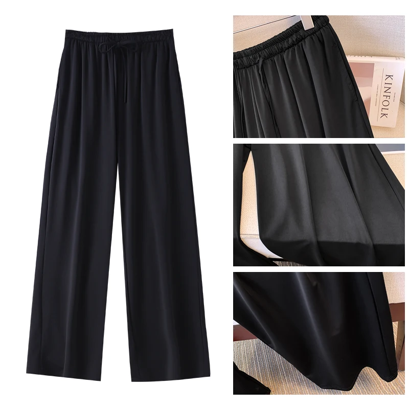 Spring and summer new plus size women's simple loose ice silk black trousers high waist leisure straight wide leg trousers