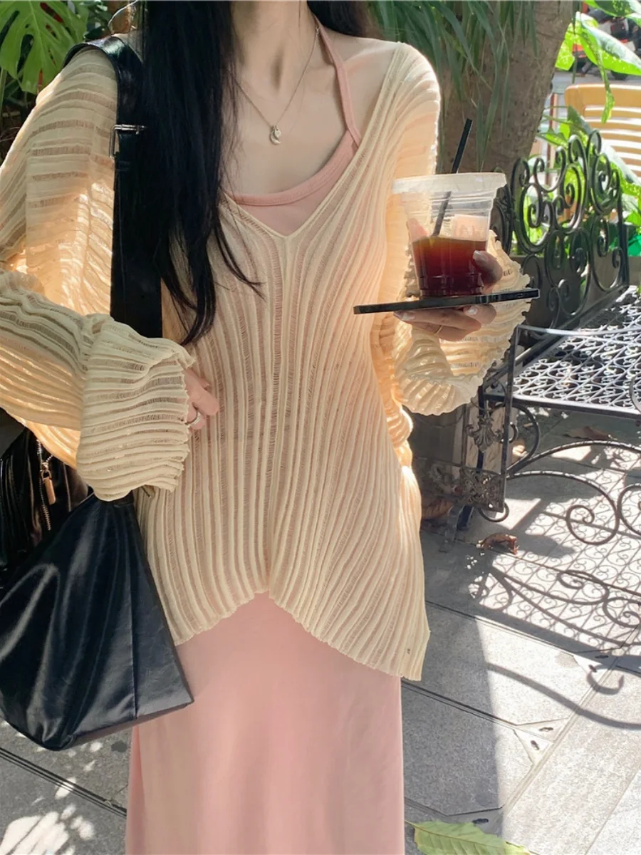 Summer Thin Knitted Sun Protection Cover up Women's Sleeveless V-Neck Loose Fit Air Conditioning Sweater with Strap Dress