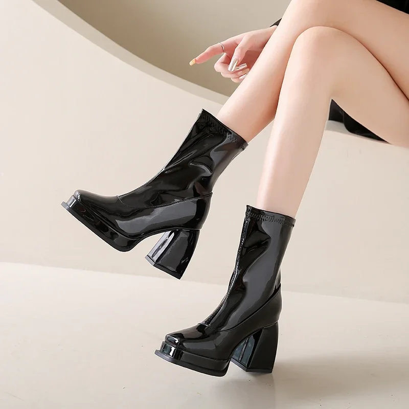 Red Square Toe Ankle Boots Patent Leather Chunky High Heels Solid Elastic Boots Newest Fashion Sexy Cool All Match Women Shoes