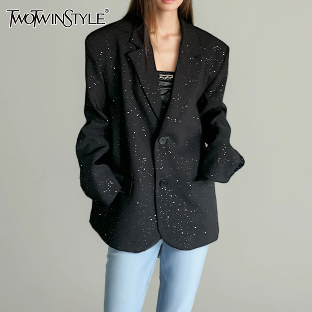 

TWOTWINSTYLE однотонные свободные модные пиджаки из бисера для женщин, однобортный пиджак с лацканами и длинными рукавами в стиле пэчворк, женский новый