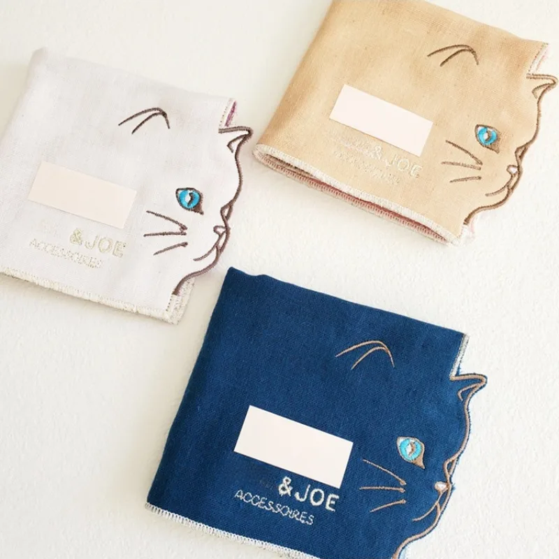 Women's Japanese Soft Portable Cat Embroidered Cotton Gauze Handkerchief