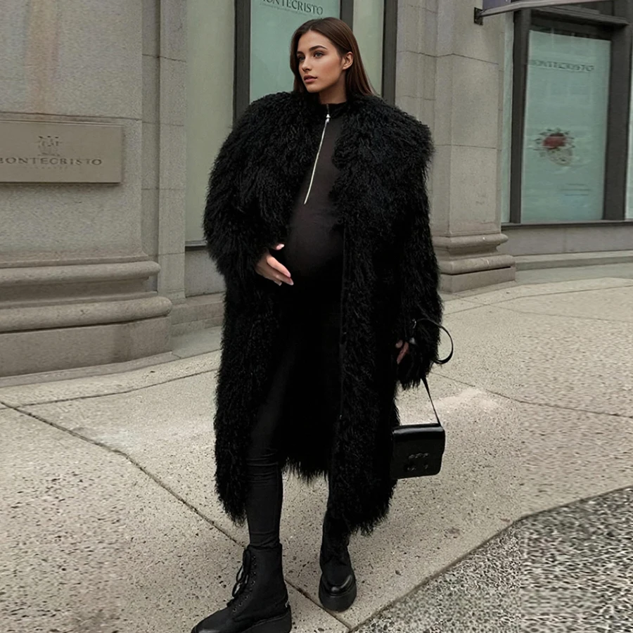 

Женская зимняя куртка, настоящее монгольское овечье пальто с лацканами, длинное пальто из натуральной овчины, высококачественные пальто из полной кожи