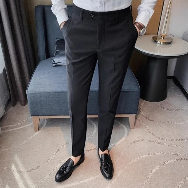 Men's Ankle Length Dress Pants Slim Fit Draped Business Casual Trousers Wrinkle Free Formal Straight Leg Pants