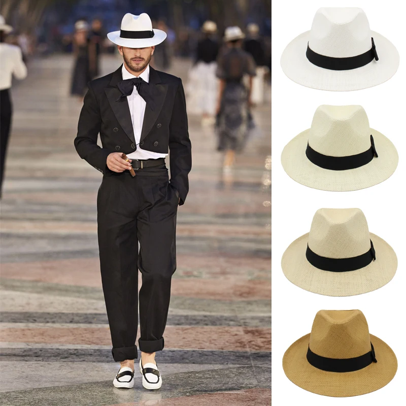 Men Women Straw Panama Hats Summer Sunhat Classical Wide Brim Cap Sombrero Beach Fedora Trilby Outdoor Travel US Size 7 1/4 UK L