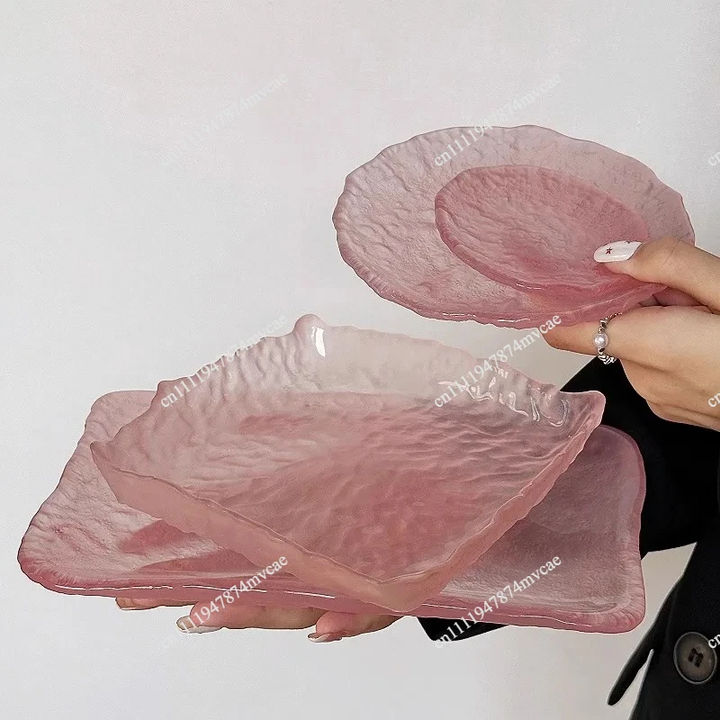 German high-end pink irregular ice dew glass household snack plate dessert tray tableware