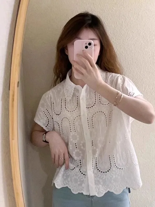 

Sweet Lace Hollow out Heavy Embroidery Collar Women's Shirt French Style Loose Fit Button up Short Sleeve Breathable Summer N...