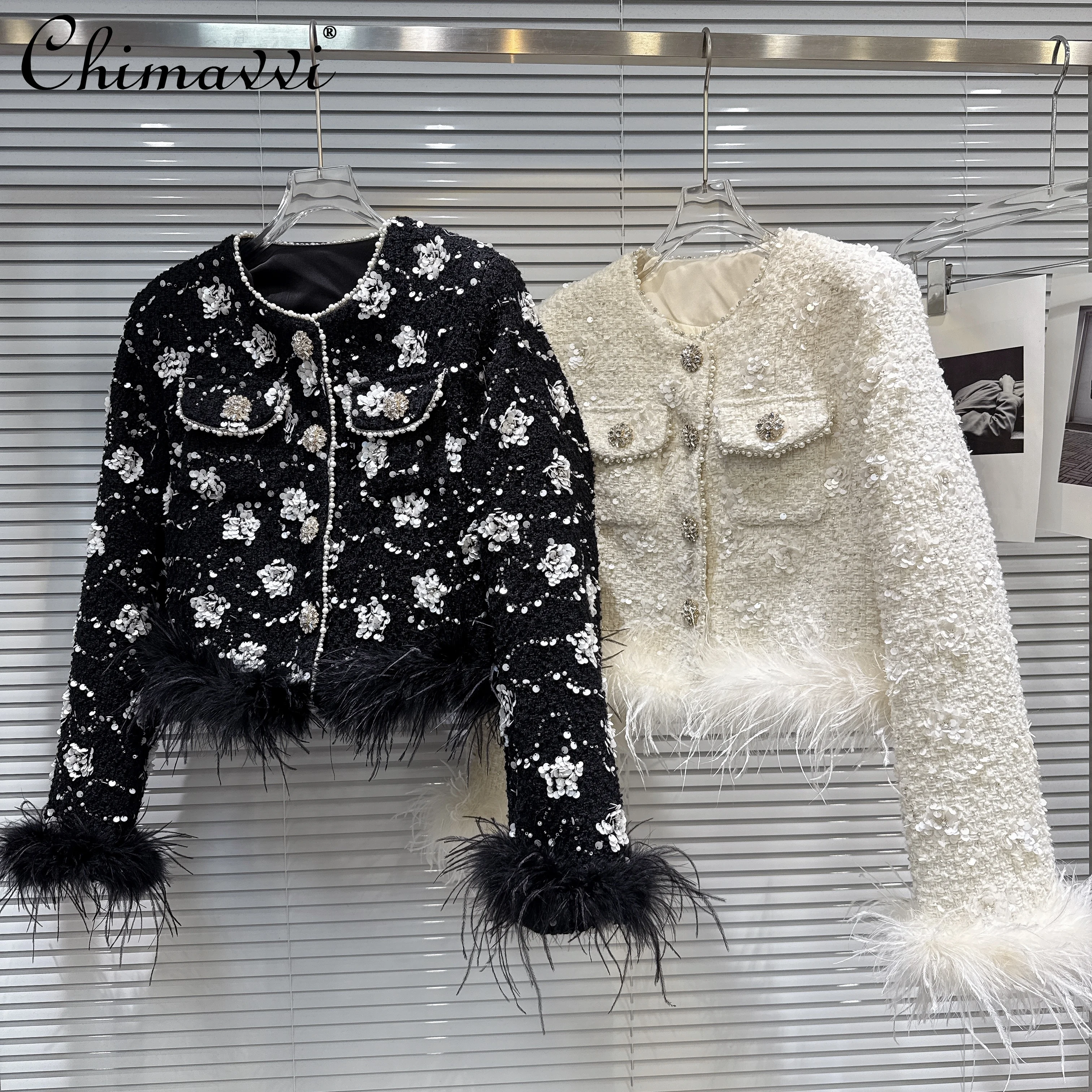

2025 Winter French Elegant Socialite Feather Patchwork Long Sleeve Diamond Beaded Sequin Tweed Down Coat For Women Short Jackets