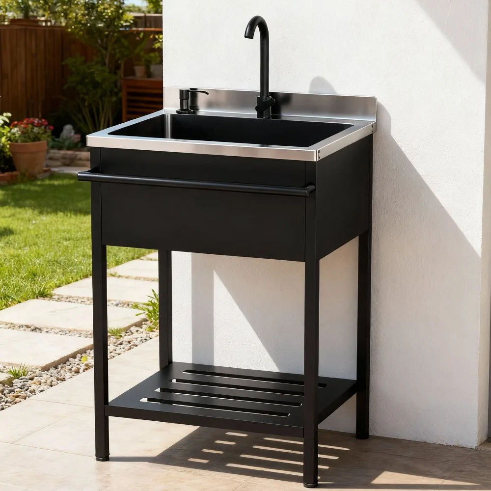 

Отдельно стоящая раковина для белья, прочная черная нержавеющая сталь с держателем для полотенец