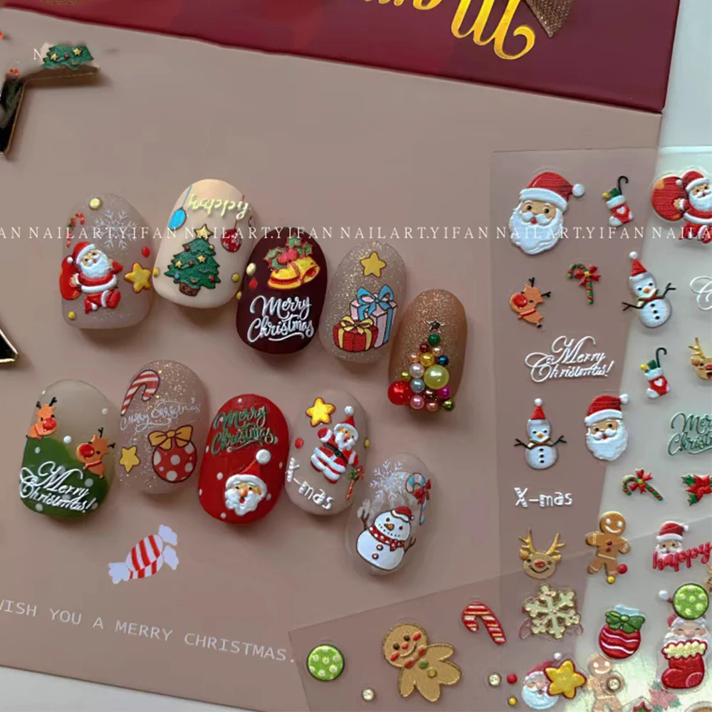 1Pc 5D Exquisite Elk Nail Art Sticker Cute Christmas Santa Claus Snowflake Gingerbread Man Engraved 3D Manicure New Year Decors