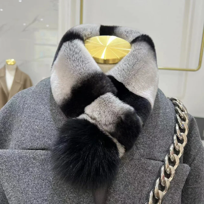 Real Rex Rabbit Fur Scarf Winter Warm Knitted Thickened Scarf With Fox Fur Ball Fluffy Natural Fur Scarves Female Fur Scarves