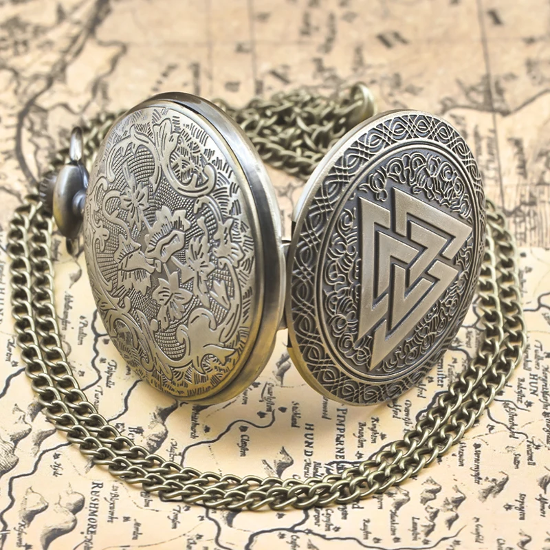 레트로 청동 Steampunk 플립 탑 남성과 여성 학생 선물 석영 목걸이 Valkyry 삼각형 기념 회중 시계