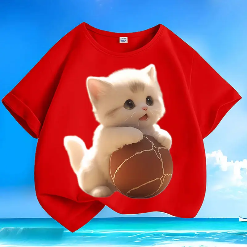 Cute Cat Summer Cartoon New Boys and Girls Children's Short Sleeved Cotton Round Neck Loose and Versatile Parent Child Top