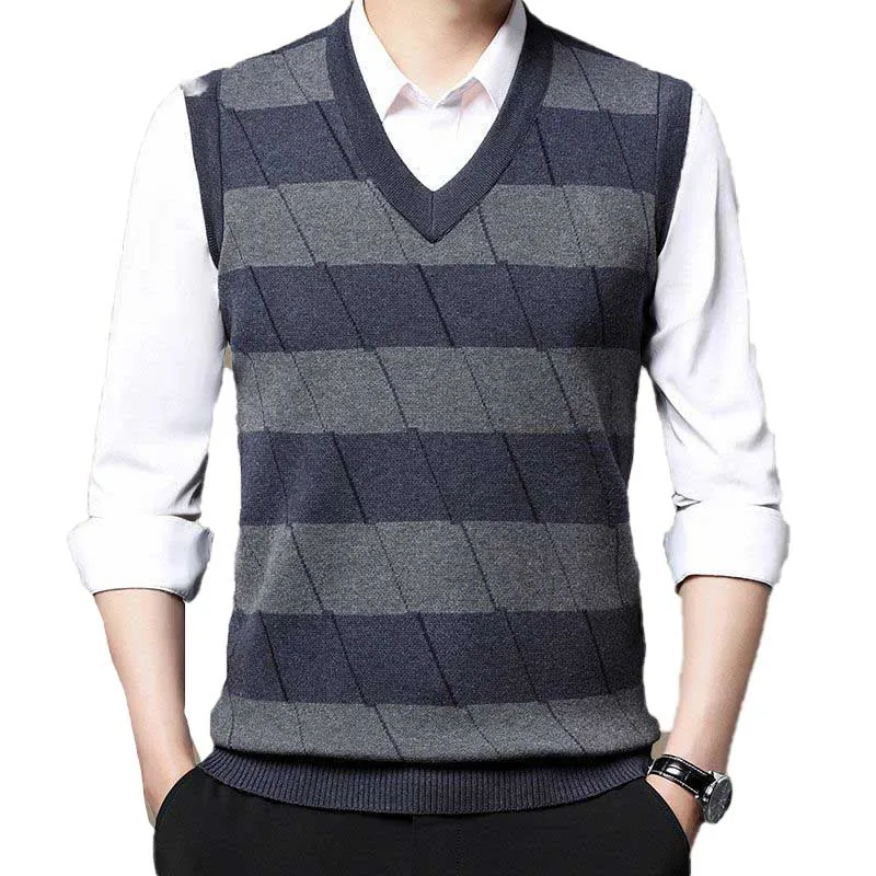 

Fashion V-Neck Spliced Striped Vest Sweaters Men's Clothing 2023 Autumn Winter Loose Knitted Casual Pullovers All-match Tops