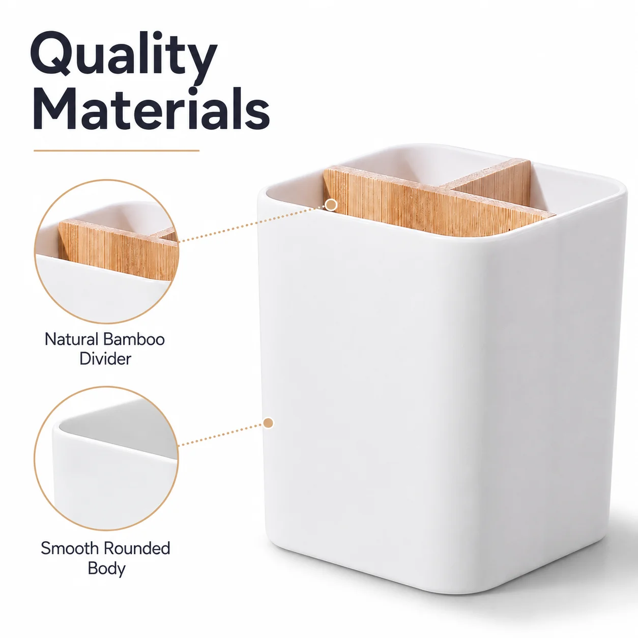 QA Modern Desk Pen Holder Organizer 3 Compartments Bamboo Divider White Minimalist Storage Cup for Office Home School Supplies O view 5