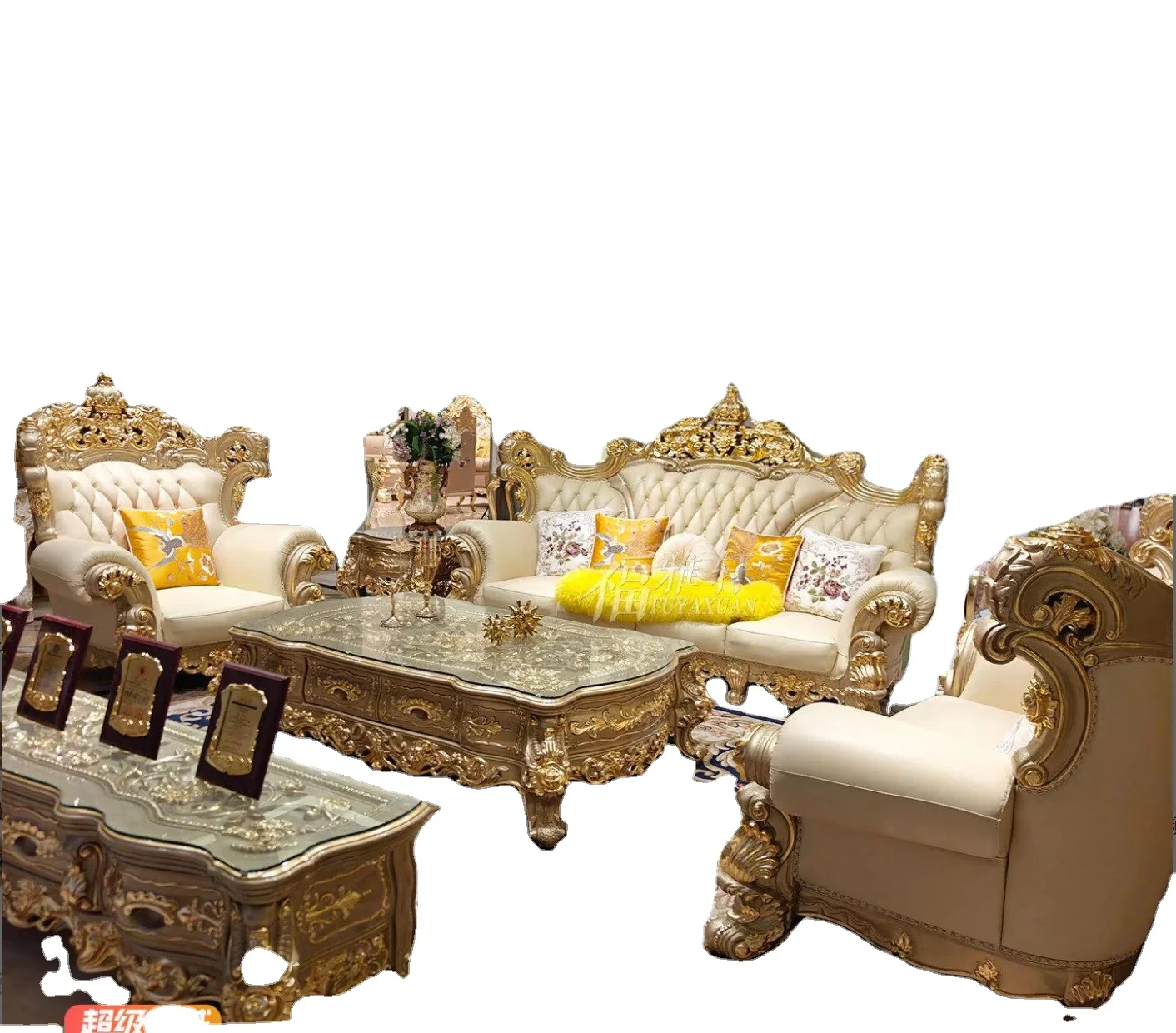 #Crown Sofa U Shape Wood Legs Large Apartment Villa Living Room 1+2+4 Combination European Leather Sofa Set