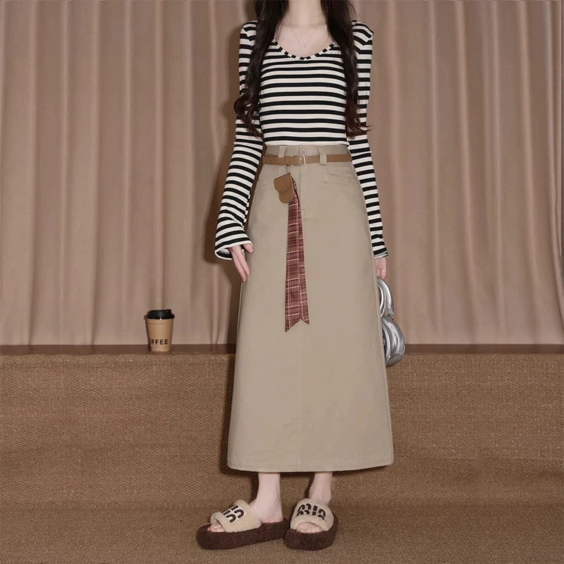 Women High Waist A-line Midi Skirt Belted Cargo Long Skirt with Pockets Back Slit Casual Office Vintage Skirt