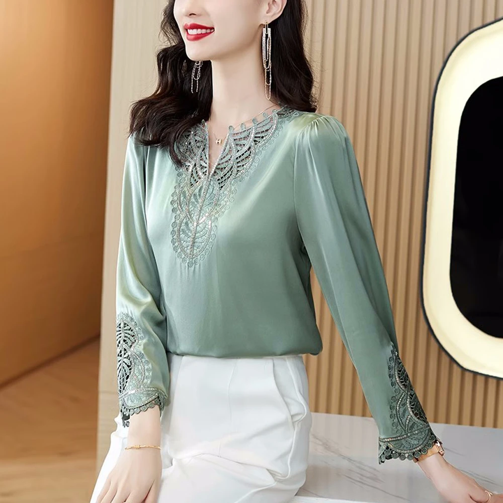 Fashion Women Silk Blouses 2024 Spring Autumn Long Sleeve Embroidery Shirts Elegant Office Lady Retro Design Tops Clothing