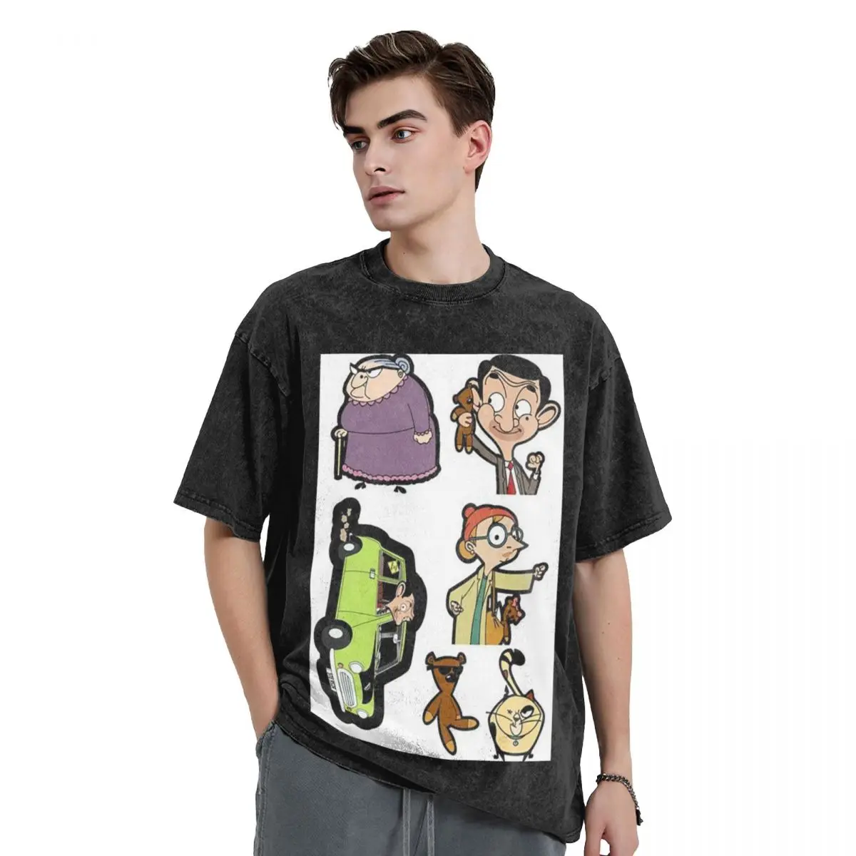 Mr. Bean Cartoon (16) Washed T Shirts Harajuku Short Sleeve Hip Hop T-Shirt Streetwear Tops Tees for Men Women