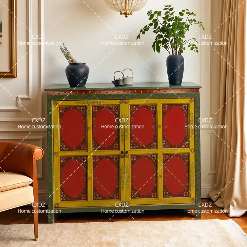 New Chinese solid wood dining side cabinet painted Tibetan storage entrance cabinet retro shoe cabinet