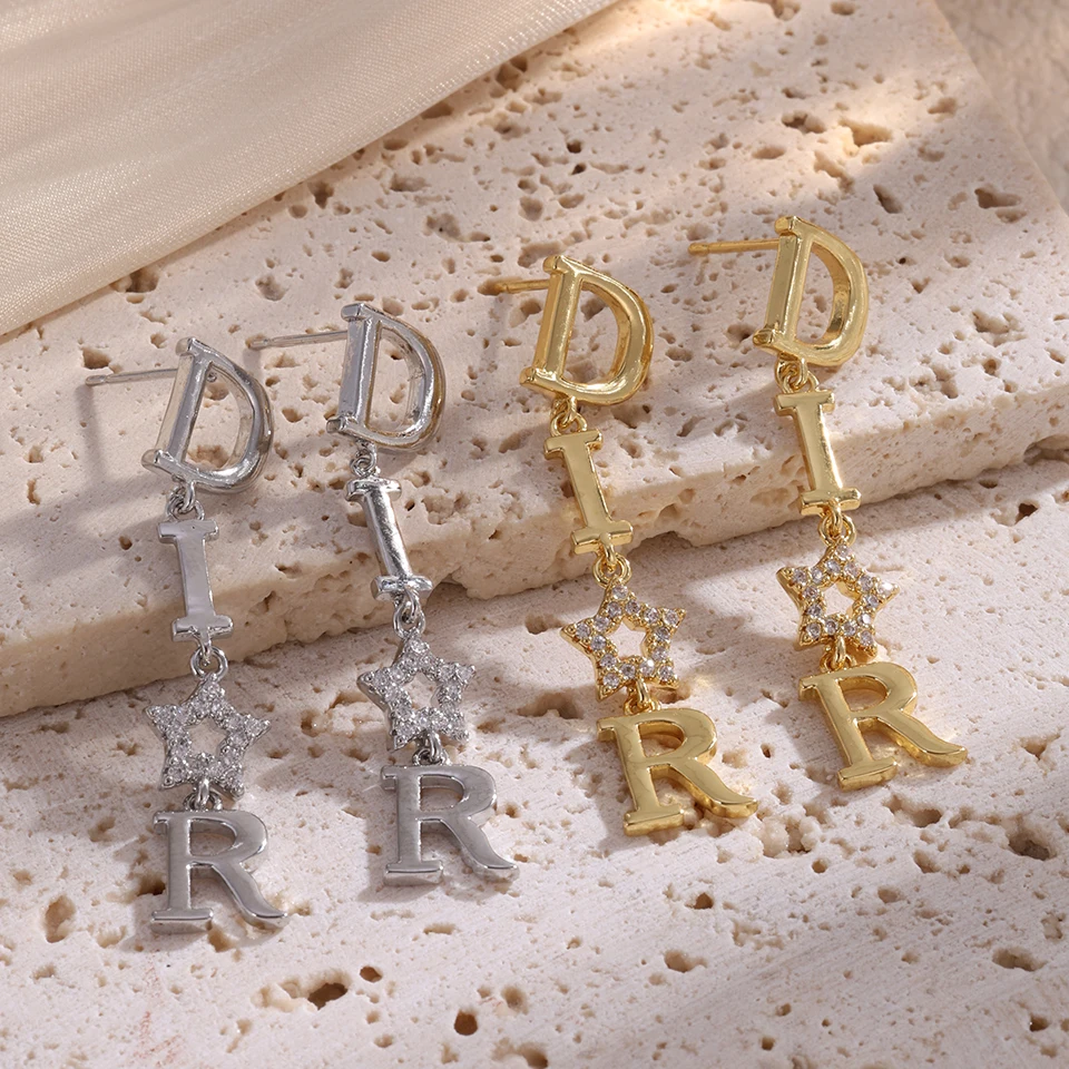Fashion Long Dangle Earrings For Women Shiny Zircon Hollow Stars Wedding Party Jewelry Dear-Letter Style image 4